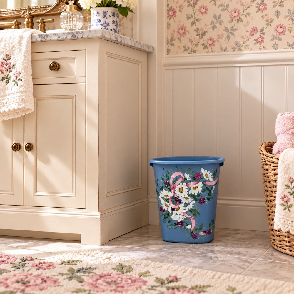 Vtg Rubbermaid Wastebasket Blue Hand Painted Floral Daisy Ribbon 3 Gal 11L Bin